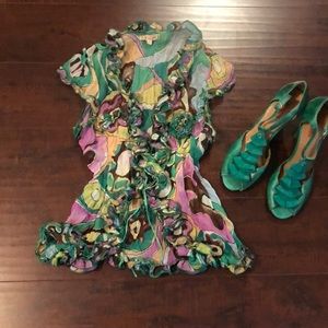 🔵VINTAGE MULTI COLOR CRINKLED RUFFLE TOP